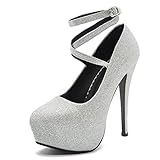 fereshte Women's Ankle Strap Platform High Heels Party Dress Pumps Shoes Glitter Wedding Silver 42-260mm - US 9.5