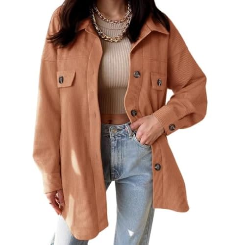 VICHYIE Womens Corduroy Shacket Blouses Button Down Shirts Pocket Long Sleeves Tops Jacket Coats Large Brown