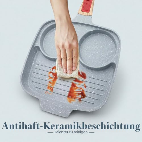 3-Loch Keramik Spiegeleipfanne 26 cm mit Deckel, Abnehmbarer Griff, Blau – Ansicht 4