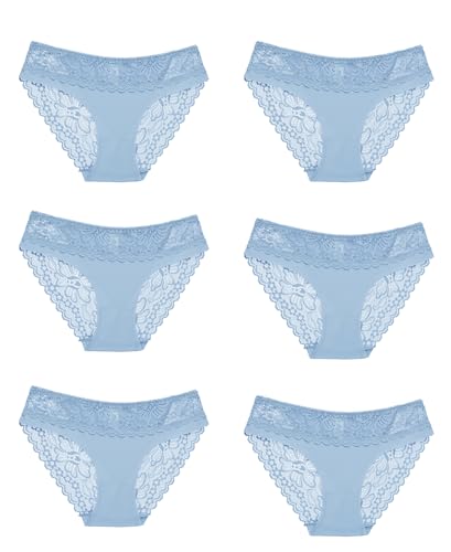 Sexy Underwear for Women Cute Lace Cheeky Bikini Panties Ladies No Show Silky Hipster 6 Pack, Blue*6, M