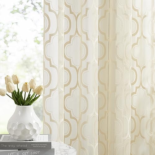 Purainbow MORD2-84LN Lace Sheer Curtains Beige For Bedroom Classic Geometric Rod Pocket Living Room Curtain Panels Knitted Moroccan Pattern Light Filtering Privacy Airy Semi Sheer Window Treatment Sets thumb #1