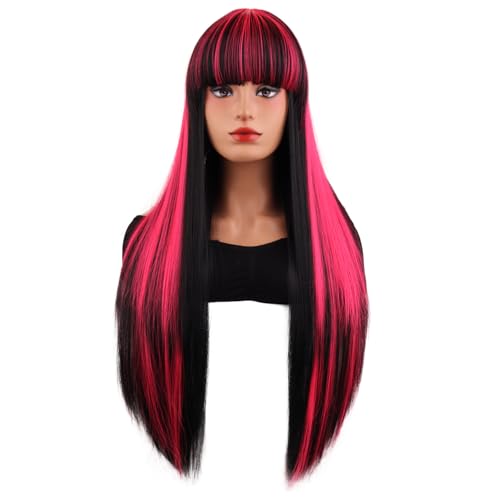 MAGQOO Black Pink Wig for Women Girls Long Straight Black and Pink Wigs with Bangs Synthetic Heat Resistant Halloween Cosplay Costume with Wig Cap