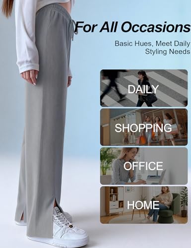 Image of Venzina Track Pants for Women Joggers Pants for Women Cool Touch High Waisted Wide Leg Summer Palazzo Pants with Side Slit Slimming Breathable for Yoga Workout Travel