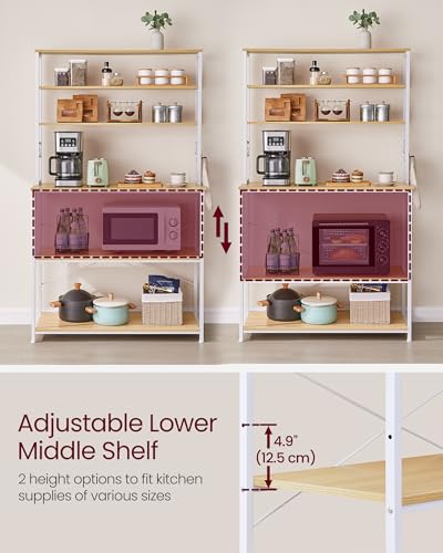 Image of VASAGLE Coffee Bar, 39.4 Inches Baker's Rack for Kitchen with Storage, 6-Tier Kitchen Shelves with 6 Hooks, Microwave Stand, Modern, Golden Oak and Cloud White UKKS039Y09