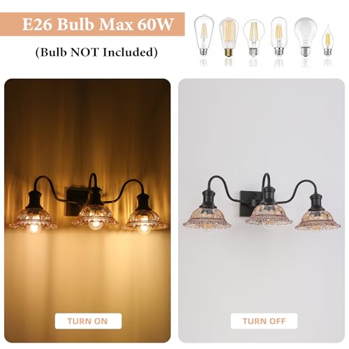 Image of Farmhouse Vanity Lights 3-Light, Black Bathroom Light Fixtures with Amber Glass Shade, Vintage Vanity Lights Over Mirror, Farmhouse Wall Sconce for Bathroom, Vanity Table, Foyer