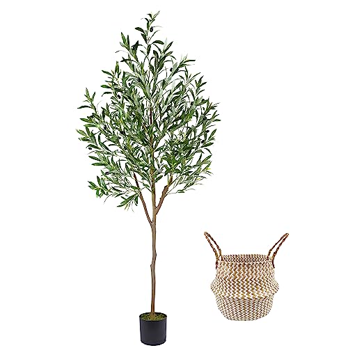 Image of Warmplants Artificial Olive Tree, 6ft Tall Fake Olive Leaves Plant with Basket, Indoor Outdoor Faux Olive Topiary Silk Tree for Home Livingroom Office Décor