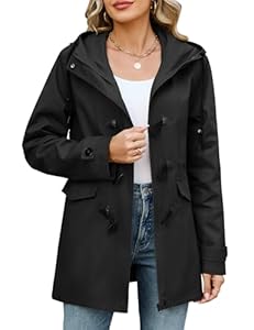 CMTOP Übergangsjacke Damen Baumwolle Softshelljacke mit Kordelzug Elegant Hooded Übergangsmantel mit Hornschnalle Leichte Atmungsaktiv Jacke Outdoor Parka für Frühling Sommer Herbst(Schwarz, L)