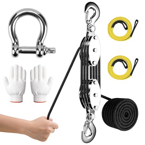 Flaschenzug Set 2000 kg Bruchlast 8:1 Arbeitssparender Set 20m Seil 300 kg WLL Umlenkrolle mit Hebebändern & Handschuhen 270 Drehbar Handseilzug für Jagd Garage Forst