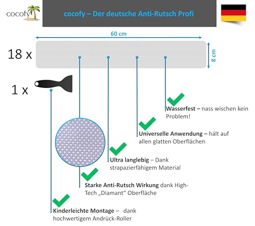 cocofy Treppenstufen Antirutsch 18x 60x8 cm - Antirutschstreifen Treppe Transparent Innen - Treppen Rutschschutz & Antirutsch Treppe - PEVA BPA-frei, Diamant-Struktur
