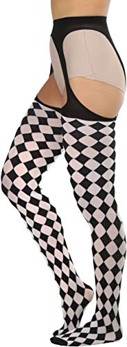 Image of ToBeInStyle Women's Harlequin Checkered Diamond Optical Illusion Opaque Tights Pantyhose - Black & White