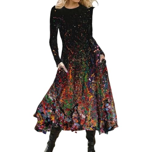 Akivide Women's Boho Floral Print Fall Long Sleeve Dress Casual Loose Formal Crewneck Midi Dress for Women with Pockets
