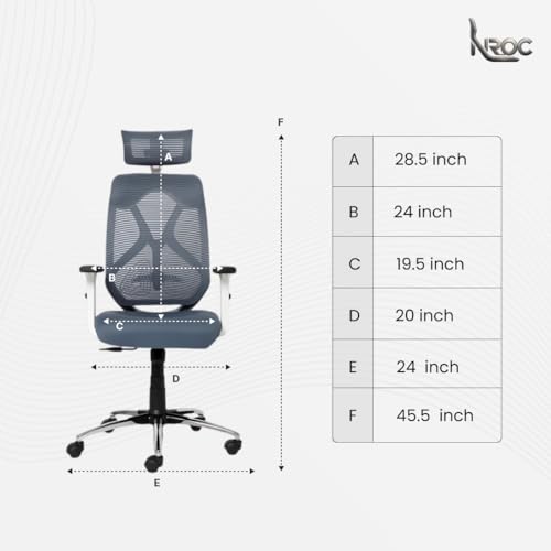 Image of NROC Metal Mesh Back Executive Office Chair - Ergonomic Design with Adjustable Height, Durable and Breathable Seating for Office Work | 64x 61x119 cm (Grey)