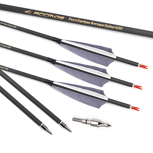 ACCMOS Jagdpfeil für Erwachsene Spine 300 350 400 500 600 700 800 ID 6,2mm Carbon Pfeil Jugend Übungspfeil Graue Feder Bogenschießen Pfeile 12Stück (31inch, Spine 600) Cover