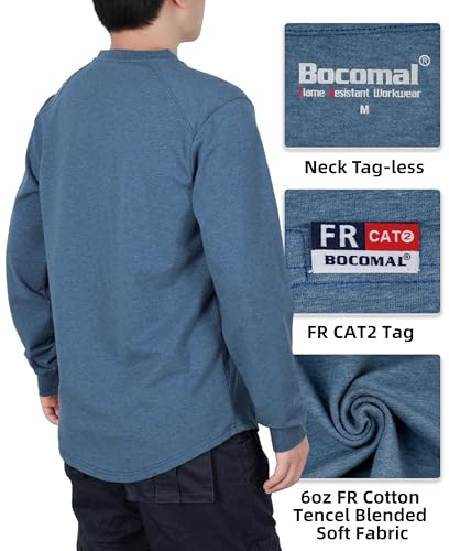 Image of BOCOMAL FR Shirts for Men Long Sleeve EX Soft Flame Resistant Henley CAT2 | NFPA2112 6oz Midweight Cotton Knit Heather Series,Moisture-Wicking /Breathable,Chest Pocket,Rib-Knit Cuffs,Summer Work T Shirt