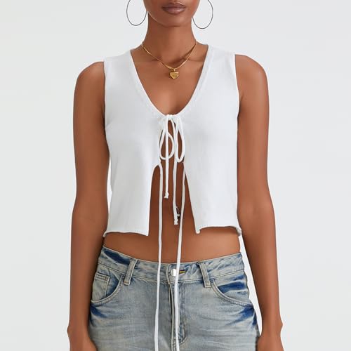 Image of Women Knit Vest Top Tie Front Tank Top V Neck Sleeveless Crochet Top Vintage Summer Going Out Streetwear(White,M), Medium