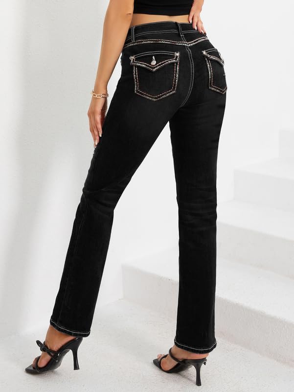 Women's Mid Rise Slim Fit Jeans Ripped Stretchy Straight Leg Denim, Casual Elegance with Embroidered Back Detail - Image 3