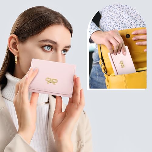 Fashion Foldable Cute Wallets for Women,Girls Wallet with Metal Small Bow,Simple Korea Pink Wallets for Women,Ins Short Aesthetic Wallet,Cute Wallets for Teen Girls and Women(Pink)2