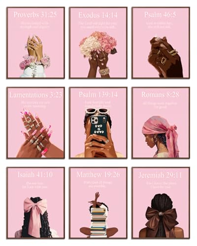 ANVOTIG Pink Christian Black Women Wall Art Prints Set of 9, Trendy Preppy African American Woman Bible Verse Pictures Wall Decor for Black Girl Room Bedroom Home Living Room 8x10 Inch Unframed