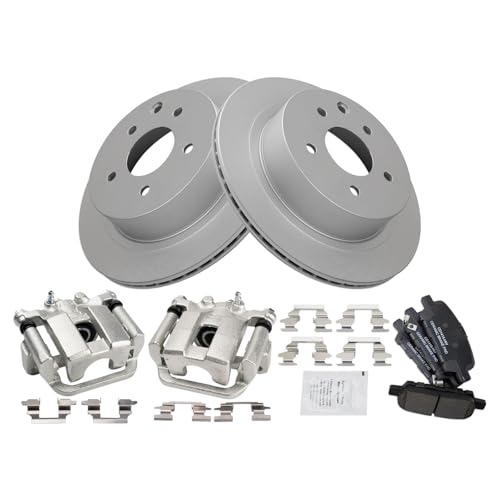 Image of TRQ Rear Brake Pad and Rotor Set Ceramic Coated Rotors Calipers Compatible with 2013-2017 Nissan LEAF 2014-2017 Rogue
