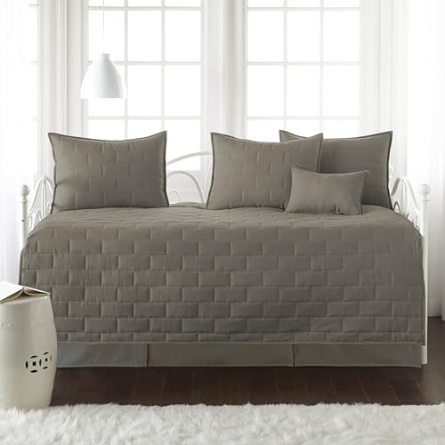 Image of Southshore Fine Living, Inc. Twin Daybed Comforter Set, 6-Piece Twin Bedding Set with Daybed Cover, 3 Pillow Shams, Bed Skirt, Throw Pillow - Day Bed Quilt Set, Brickyard Dark Taupe