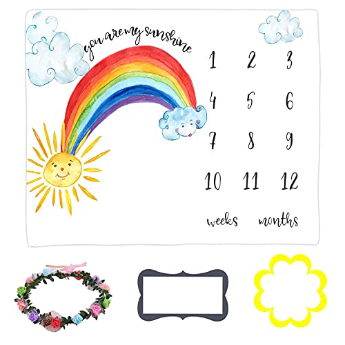 Image of LYLYCTY Baby Monthly Milestone Blanket Wreath and Frame, Rainbow Sun Photo Prop, Growth Photography Background, 47x40 inches, Polyester, Single Layered, Baby Blanket