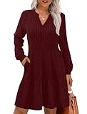 IWD Womens Long Sleeve V Neck Fall Dresses Tiered Ruffle A-Line Swing Church Dresses for Women 2025 Trendy Casual Knit Sweater Dress with Pockets Burgundy Medium