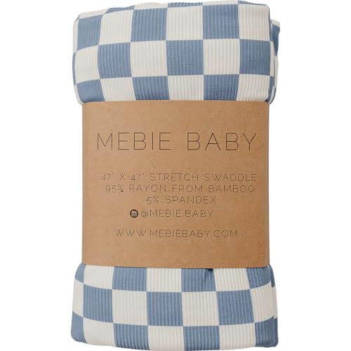 Image of Mebie Baby Blue Checkered Stretch Swaddle, Modern and Neutral Swaddle Blanket for Baby Girl or Boy, Soft Baby Blankets, Newborn Swaddle Blanket, 0-3 Month, Comfy Wrap, Baby Essentials (47 inch x 47 inch)