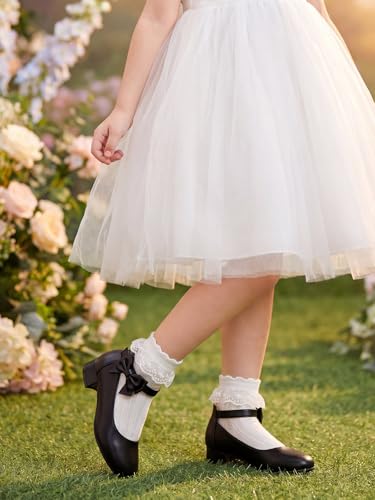 Image of Coutgo Girls Dress Shoes Flower Girl Bow Chunky Heels Closed Toe Ankle Strap Pumps Wedding Party Princess Shoes