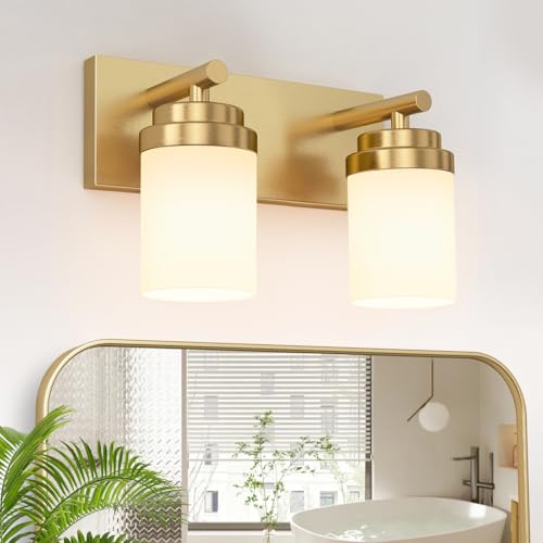 Image of IZORRO Bathroom Vanity Light Fixture, 2-Light 15 Inch Gold Bathroom Light Fixtures Over Mirror, with White Glass Shade, Modern Farmhouse Vanity Lights, Rustic Restroom Lighting Fixtures