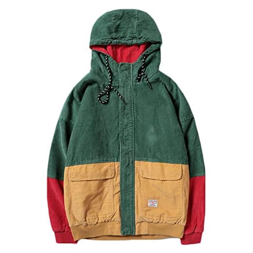 Wofupowga Mens Color Block Corduroy Hooded Loose Washed Pocket Outwear Jacket Green L