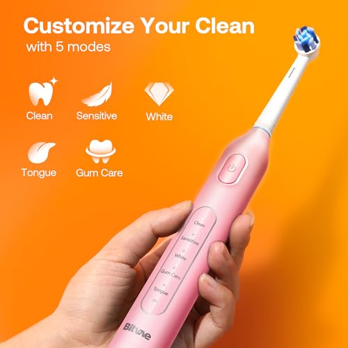 Image of Bitvae R1 Rotating Electric Toothbrush with 8 Brush Heads for Adults and Kids, 5 Modes Rechargeable Power Toothbrush, 3 Hours Fast Charge for 60 Days, Brushing Timer, Pink