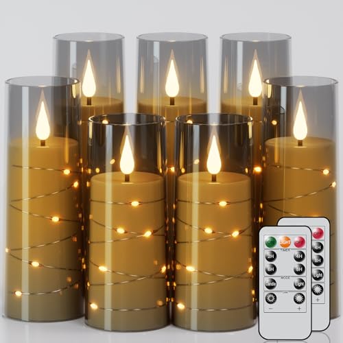 Image of Flickering Flameless Candles String Lights with 11-Key Remote and Timer Battery Operated LED Pillar Candles Unbreakable Plastic Glass 3D Wick Mood Light Christmas Holiday Decor-7 Pack Black