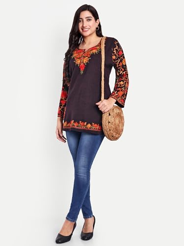 Image of HAUTEMODA Women Woollen Short Kashmiri Embroidery Phiran Kurta