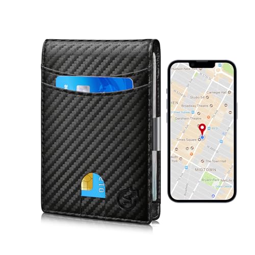 Anti-Lost Bluetooth Wallet Tracker & Finder, Compatible with Anroid, Slim Leather with 1 ID Window, Credit Card Holder with Gift Box (iOS-KBF005-Carbon Black) (Carbon&Black, Android)