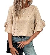 BEAUDRM Women's Casual Allover Print Half Sleeve Round Neck Ruffle Trim Regular Fit Blouse Shirts...