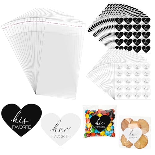Yexiya 200 Set His Her Favorite Stickers Candy Bags Wedding Favor Stickers 4x6 Inches Cellophane Bags That Seal Themselves for Wedding Favor Labels Guest Welcome Bag Stuffers Bulk