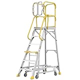 WIILAYOK 6 Step Ladder Aluminum Rolling Platform Ladders with 360° Guardrail System, Industrial Safety Non-Slip Rolling Ladder with Wheels for Warehouse, Garage, 375 lbs Capacity