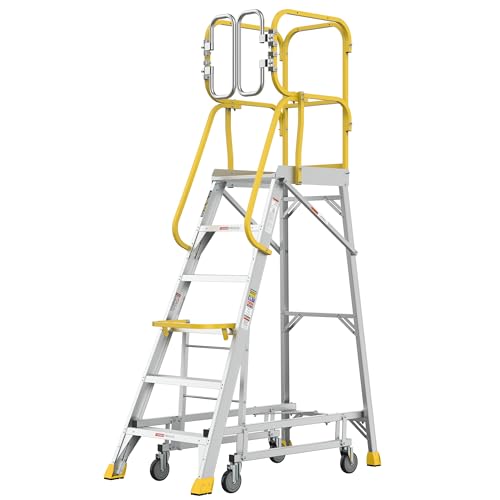 Image of 6-Step Aluminum Rolling Ladder with Guardrails, 375 lb Capacity