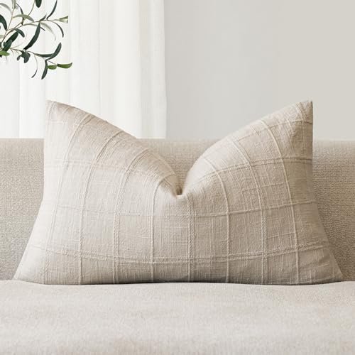 Image of Foindtower Set of 1 Decorative Linen Check Throw Pillow Cover Neutral Farmhouse Lumbar Cushion Cover Modern Boho Home Decor for Sofa Chair Couch Bedroom Living Room,12x24 Inch,Natural Beige
