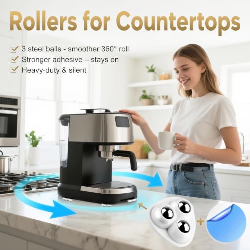 Image of Self Adhesive Appliance Sliders 32 Pack Kitchen & Furniture Rollers | Move Small Appliances Easily 360 Glide No Tools Peel Stick 12lbs Per Wheel
