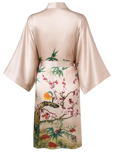 Image of Women's Silk Kimono Robe Short Bathrobe Nightgown 100% Mulberry Silk for Women - Classic Floral Pattern