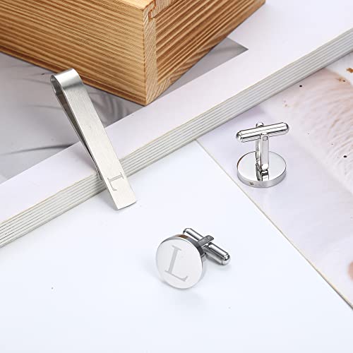 Image of LOYALLOOK Initial Cufflinks and Tie Clip Set for Men Silver Personalized Cuff links and Tie Bar Letter Alphabet A-Z Gift for Father Husband Valentine Gifts for Men