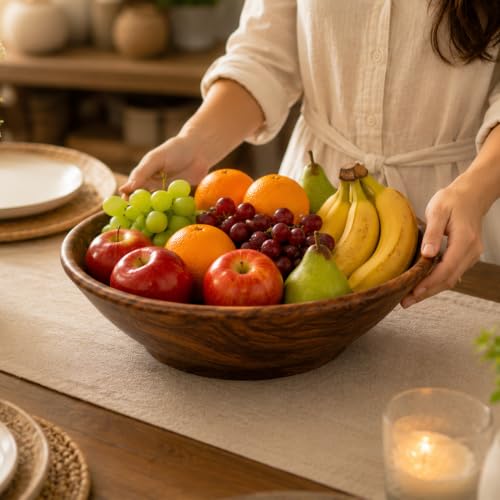 Image of Wooden Dough Mixing Bowl, 12 inches Diameter, Mixing Bowl, Fruit Bowl, Multipurpose for Serving, for Salad, Mixing Dough,