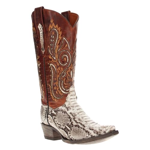 Vaccari Women's Eva Genuine Natural Python Fancy Top Embroidery & Glitter Inlay Snip Toe Cowgirl Boots