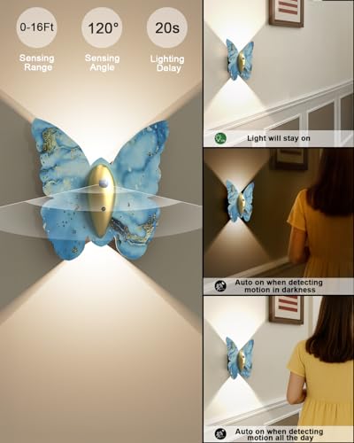 Image of Eneru Motion Sensor Wall Sconce Set of 2, Rechargeable Wall Lights, Indoor | 5000mAh Battery Operated Wall Sconces, Magnetic Butterfly Motion Night Light for Hallway Stair Closet Pantry, Blue & Gold