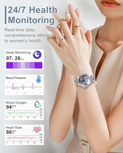 Image of Smart Watches for Women(Answer /Make Calls) with Diamonds, 1.3 inch HD Bluetooth Smart Watch for Android iOS Phones, IP68 Waterproof Fitness Activity Trackers Smartwatch with Heart Rate /SpO2 /Sleep Monitor