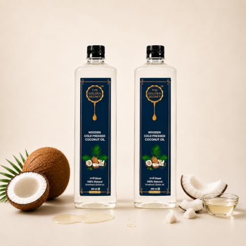 Image of The Golden Secret Kacchi Ghani Wooden Cold Pressed Coconut Oil 1 Litre (Pack of 2) | Pure Coconut Oil | Cold Pressed Oil | Edible Grade | Rich in Natural MCTs & Lauric Acid | For Hair Care, Skin Care, Body Massage, Oil Pulling & Cooking | Sulphur free