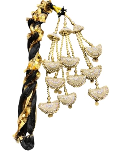 Golden Embroidered Paranda for Women and Girls | Traditional Punjabi Hair Accessory with Beads and Half-Moon Tassels (Length - 35")