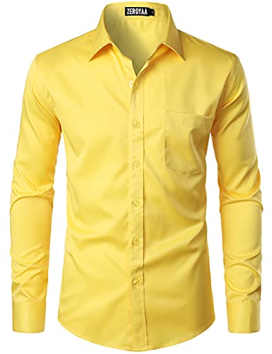 ZEROYAA Mens Urban Stylish Casual Business Slim Fit Long Sleeve Button Up Dress Shirt with Pocket ZLCL29 Bright Yellow Medium
