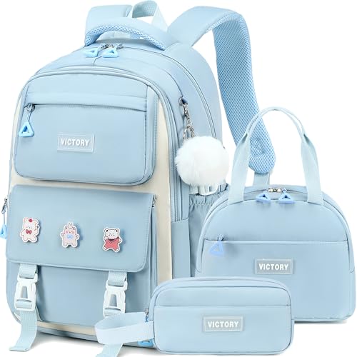 AO ALI VICTORY Backpack for Girls 3 PCS Cute School Backpacks Elementary Kids Book Bag with Lunch Box Pencil Case Set Laptop College Travel Back Pack Large Bookbags for Girl Teens Women Student Blue